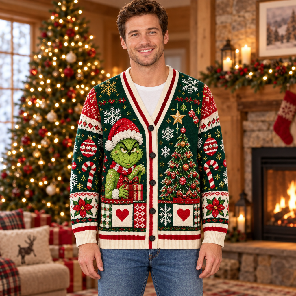 Male model wearing the Grinch Christmas cardigan