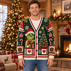 Male model wearing the Grinch Christmas cardigan