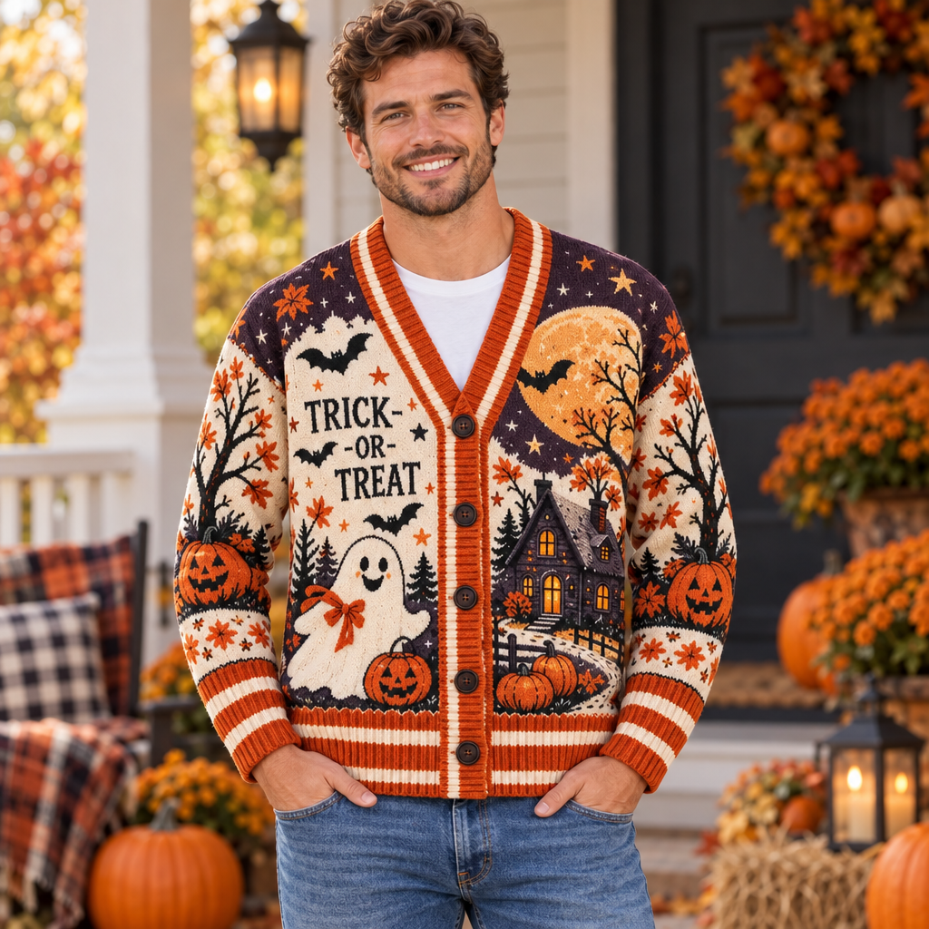 Male model wearing the Halloween cardigan