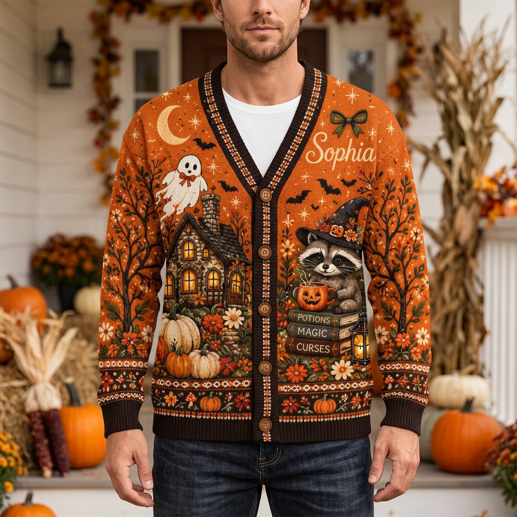 Male model wearing the Halloween cardigan