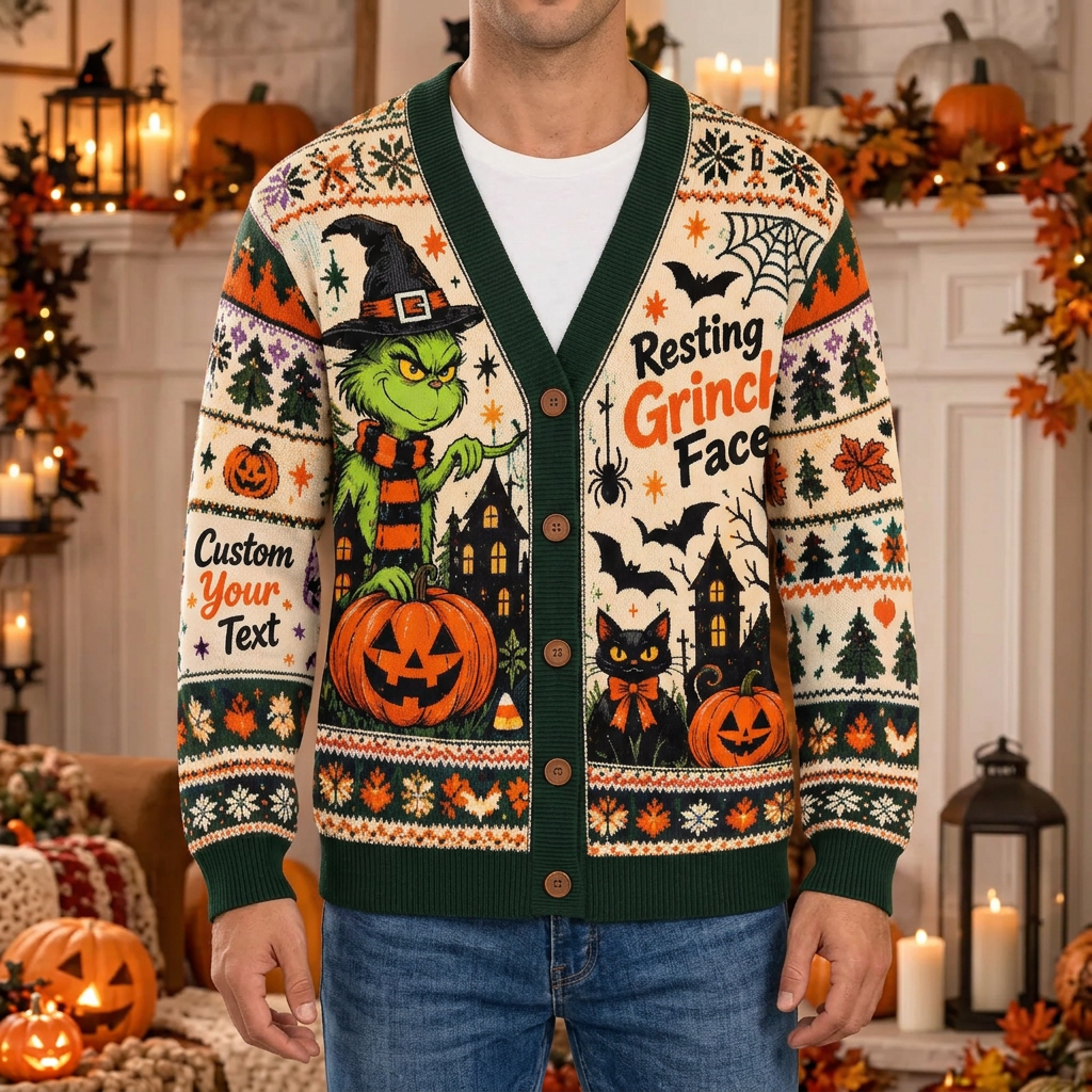 Male model wearing the Halloween cardigan