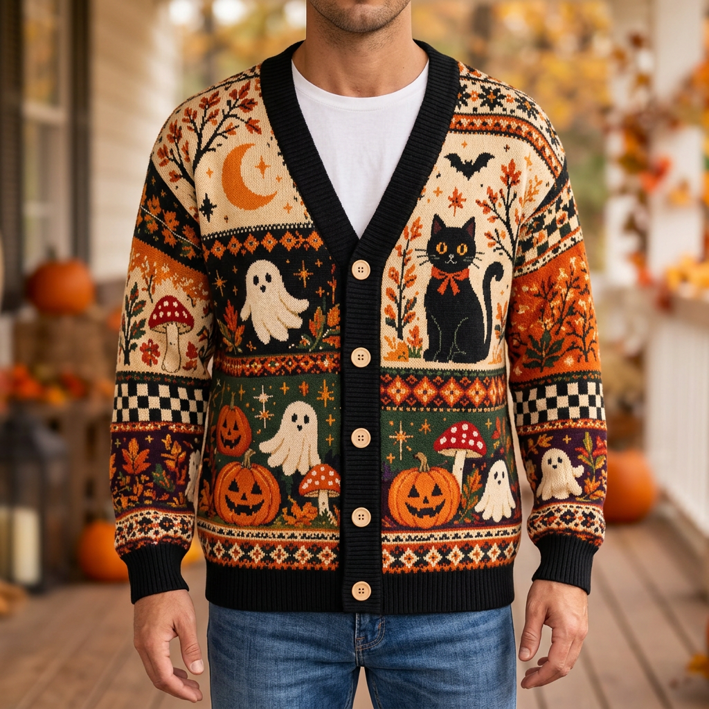 Male model wearing the Halloween cardigan