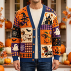 Male model wearing the Halloween dachshund cardigan