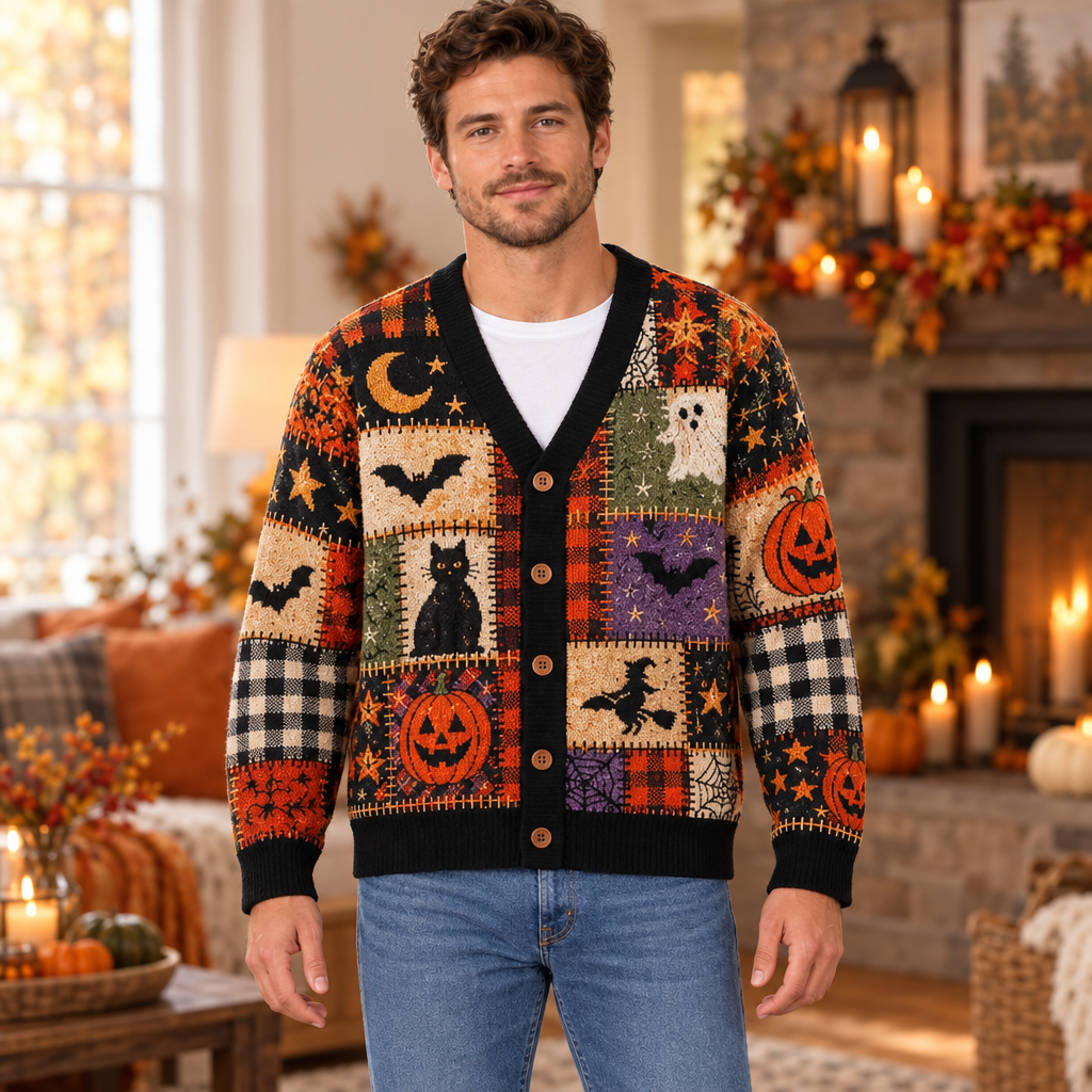 Male model wearing the Halloween patchwork cardigan