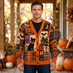 Male model wearing the Halloween patchwork cardigan