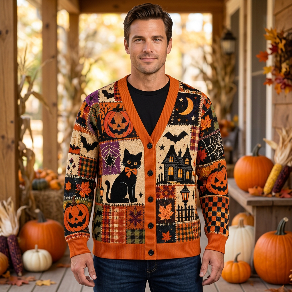 Male model wearing the Halloween patchwork cardigan