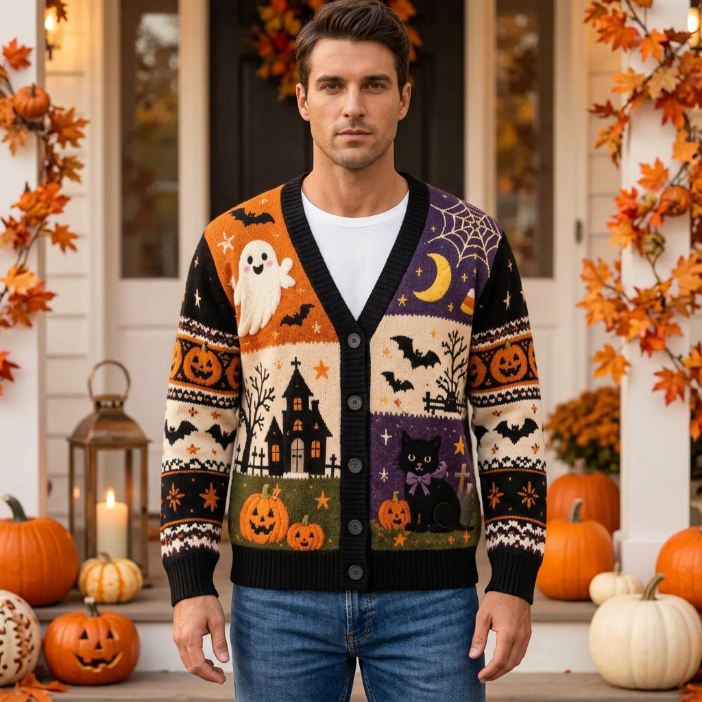 Male model wearing the Halloween patchwork cardigan