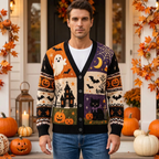 Male model wearing the Halloween patchwork cardigan