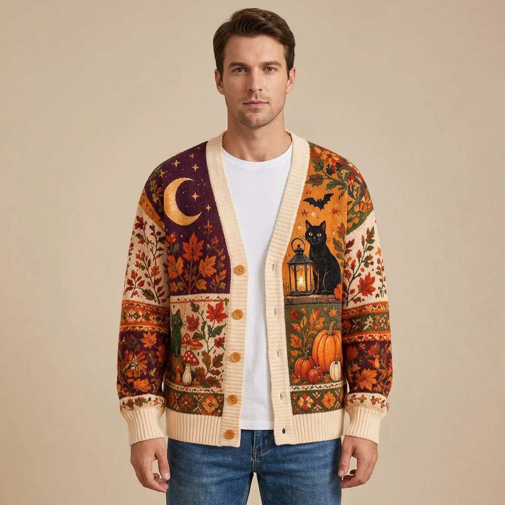 Male model wearing the Halloween patchwork cardigan