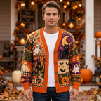 Male model wearing the Halloween patchwork cardigan