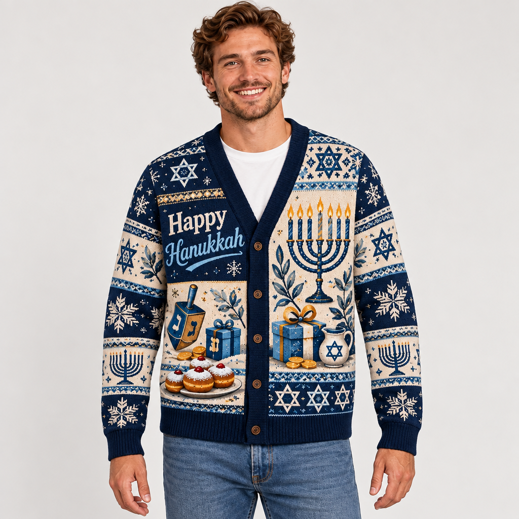 Male model wearing the Hanukkah cardigan