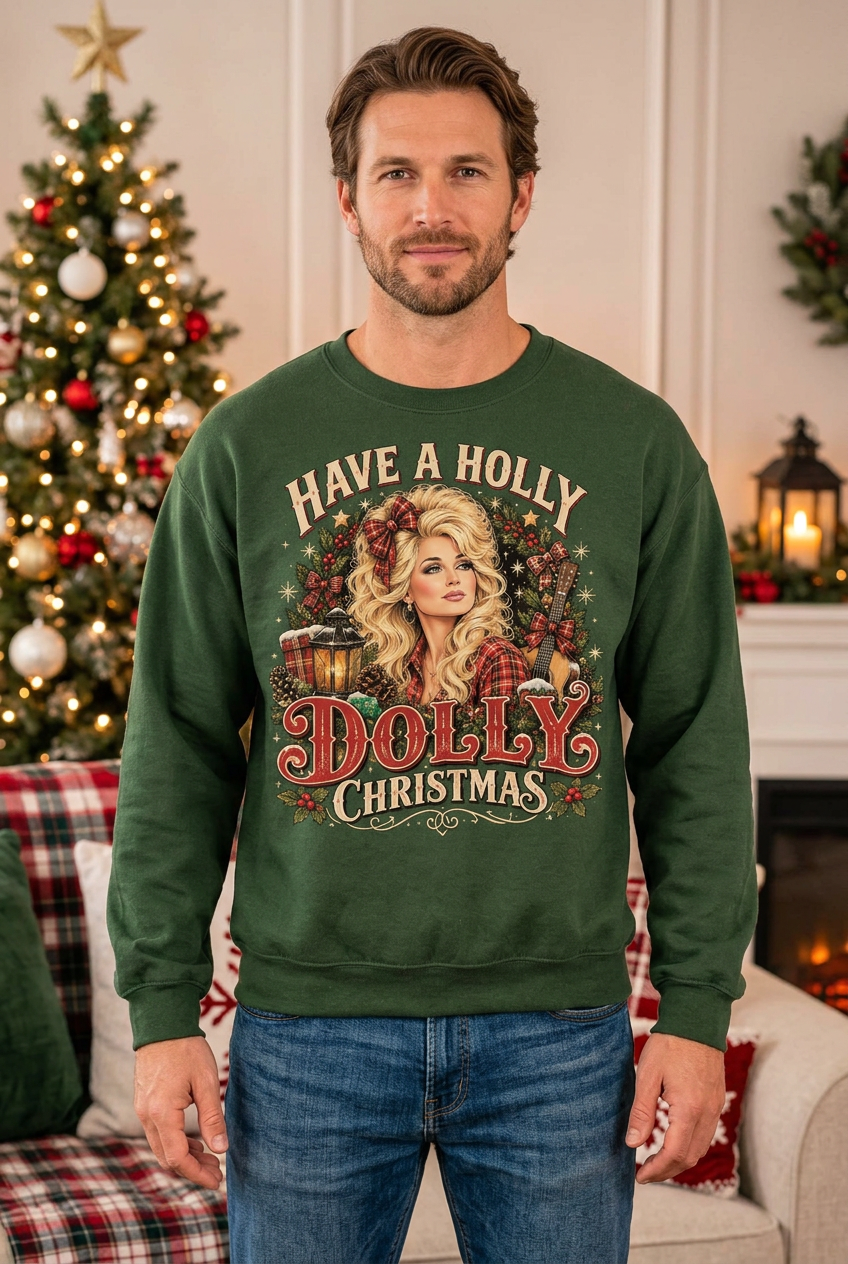 Male model wearing the Holly Dolly Christmas sweatshirt