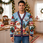 Male model wearing the ice-blue Santa baking cardigan