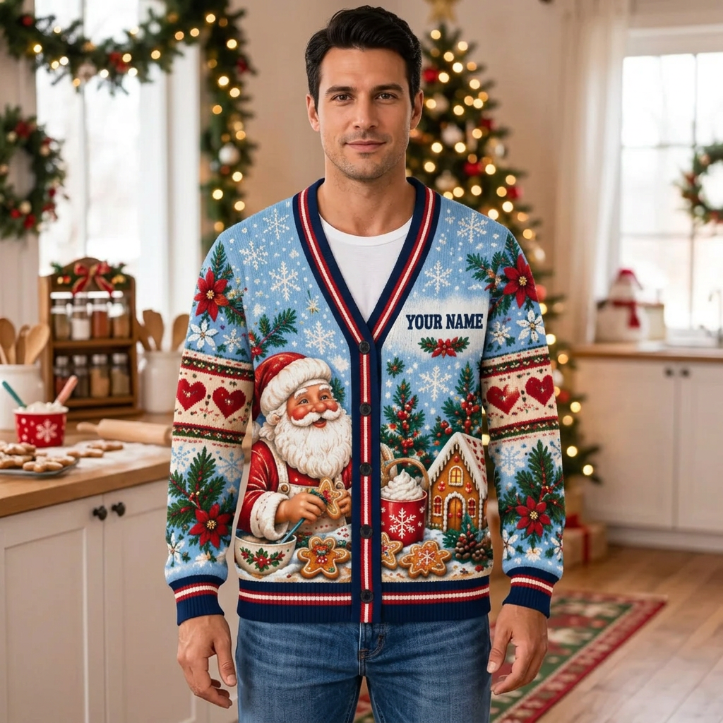 Male model wearing the ice-blue Santa baking cardigan