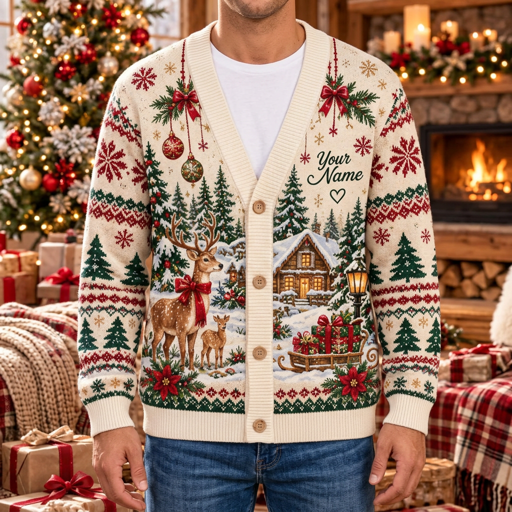 Male model wearing the ivory Christmas cardigan