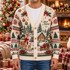 Male model wearing the ivory Christmas cardigan