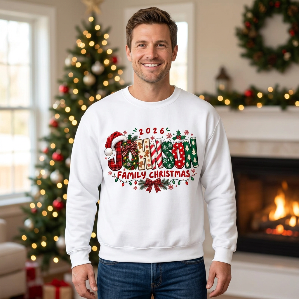 Male model wearing the Johnson Family Christmas sweatshirt