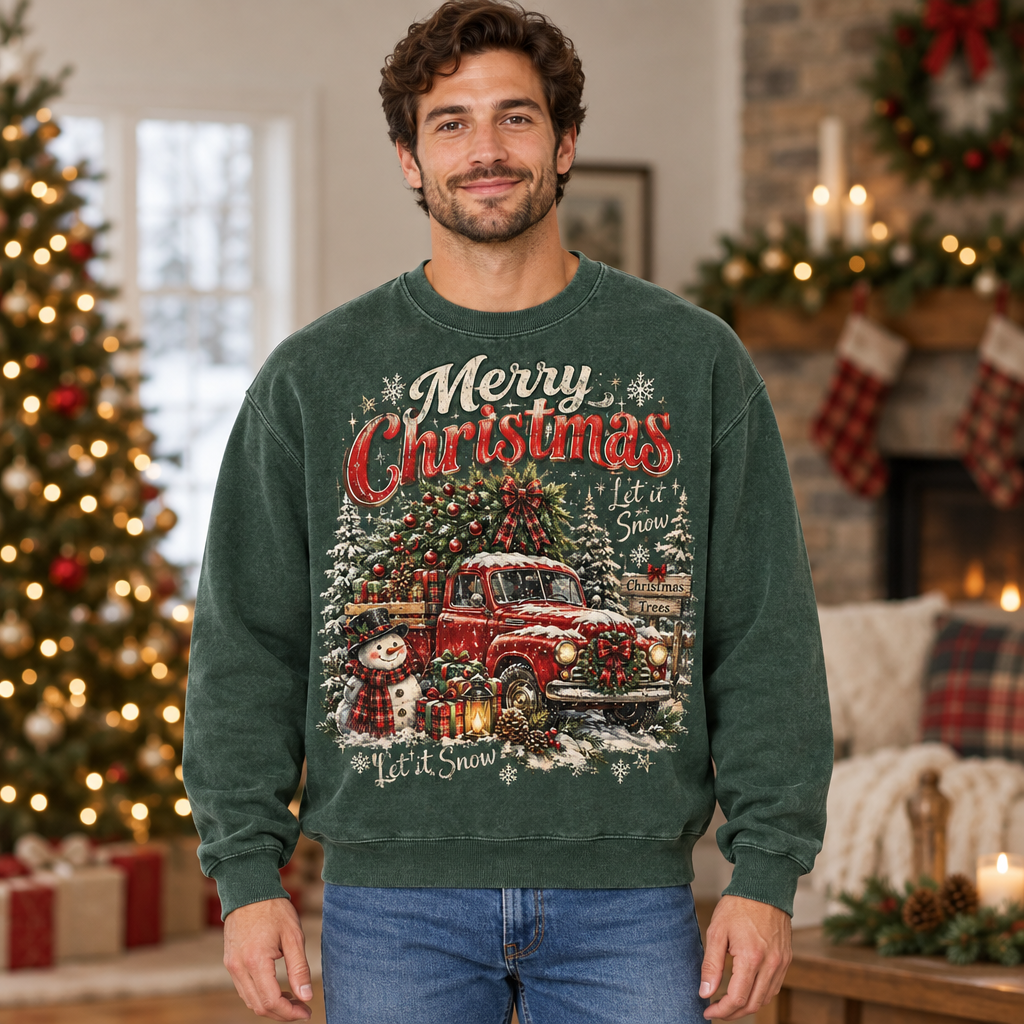 Male model wearing the Let It Snow Christmas sweatshirt