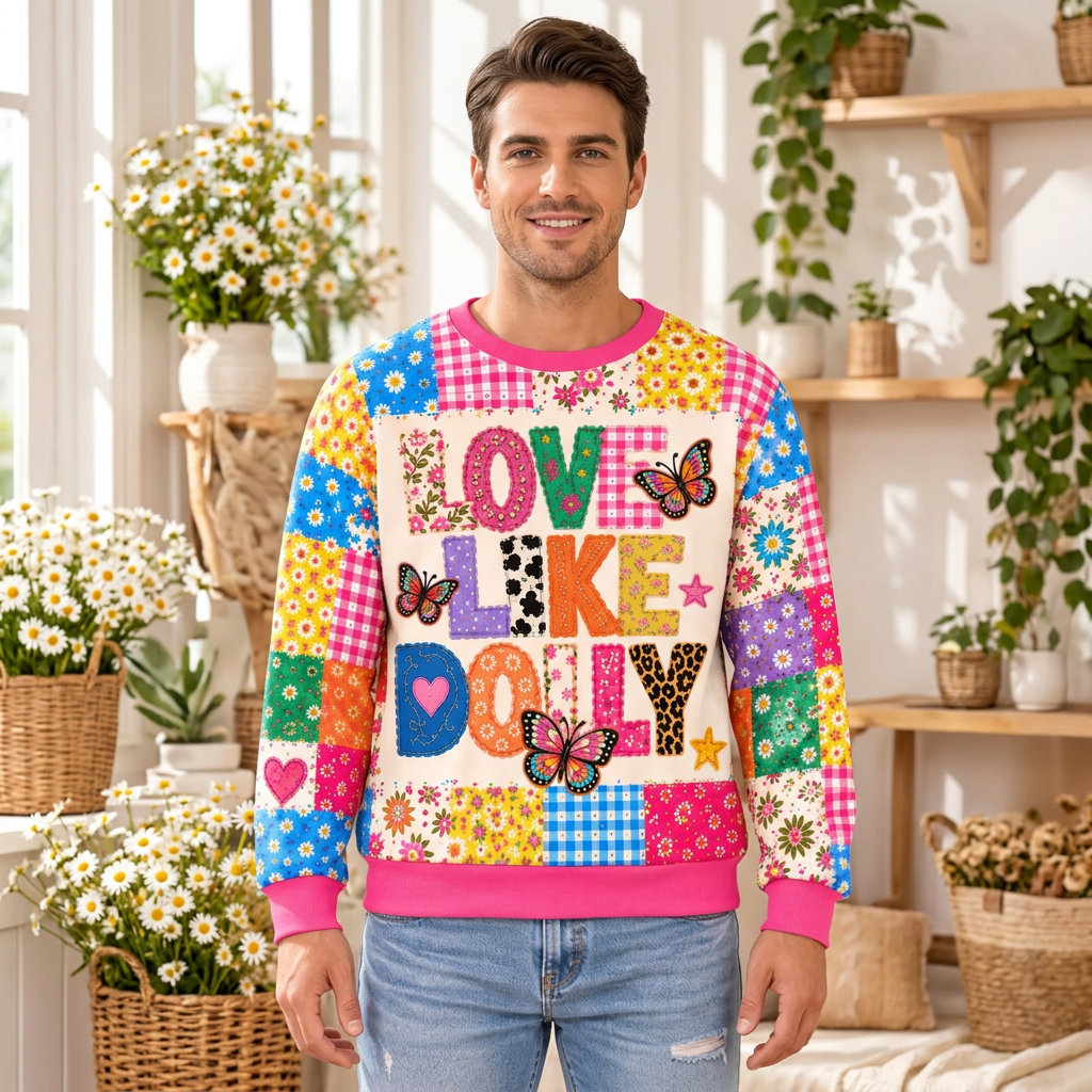 Male model wearing the Love Like Dolly sweatshirt