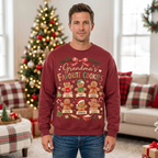 Male model wearing the maroon gingerbread sweatshirt