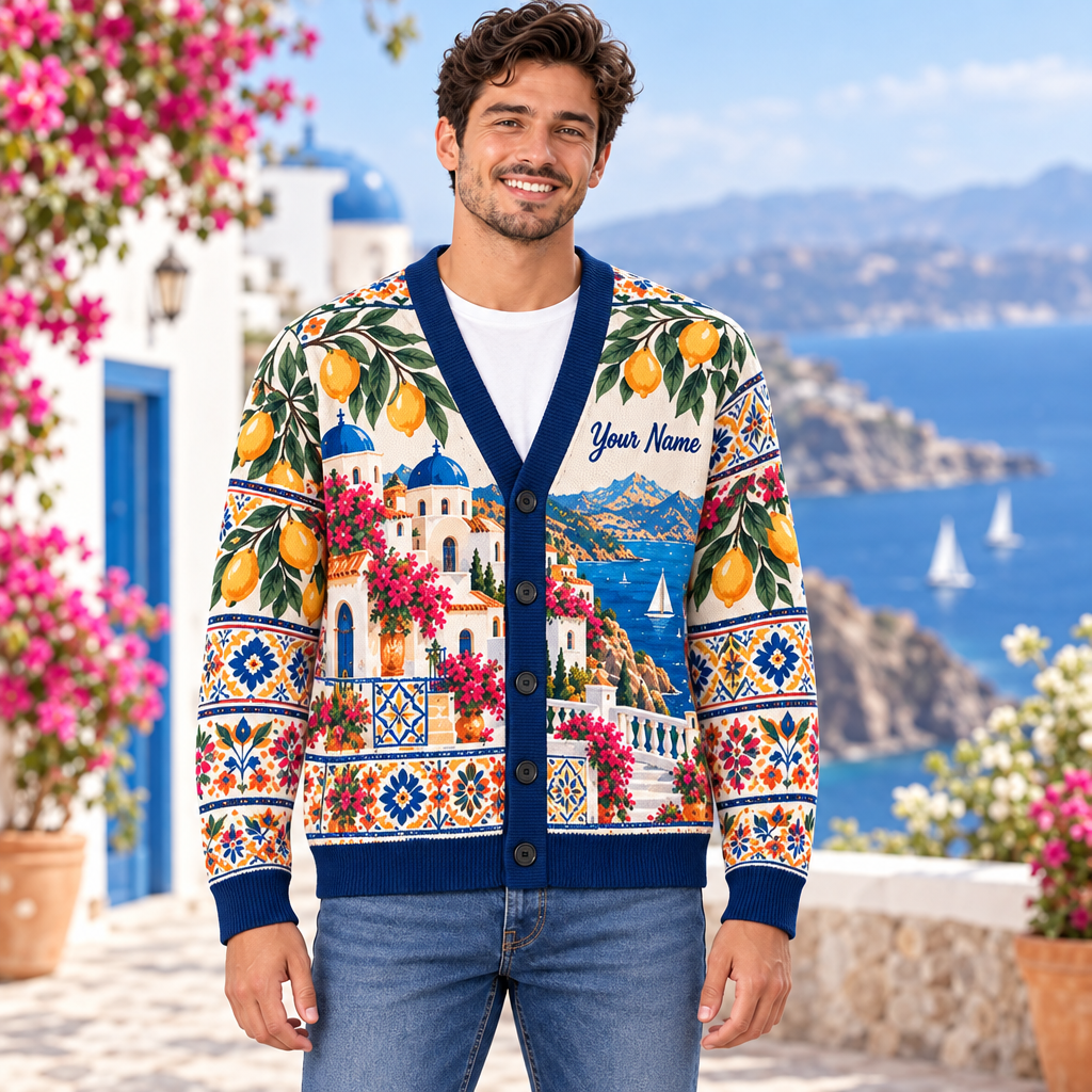 Male model wearing the Mediterranean village cardigan