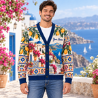 Male model wearing the Mediterranean village cardigan