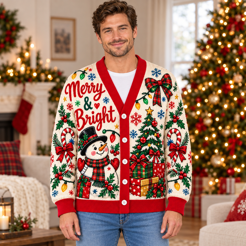 Male model wearing the Merry & Bright cardigan