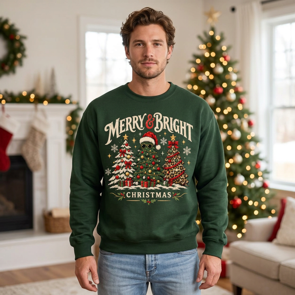 Male model wearing the Merry & Bright sweatshirt