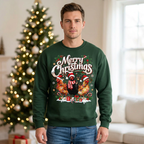 Male model wearing the Merry Christmas chicken sweatshirt