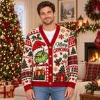 Male model wearing the Merry Grinchmas cardigan