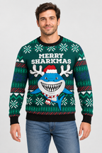 Male model wearing the Merry Sharkmas sweater
