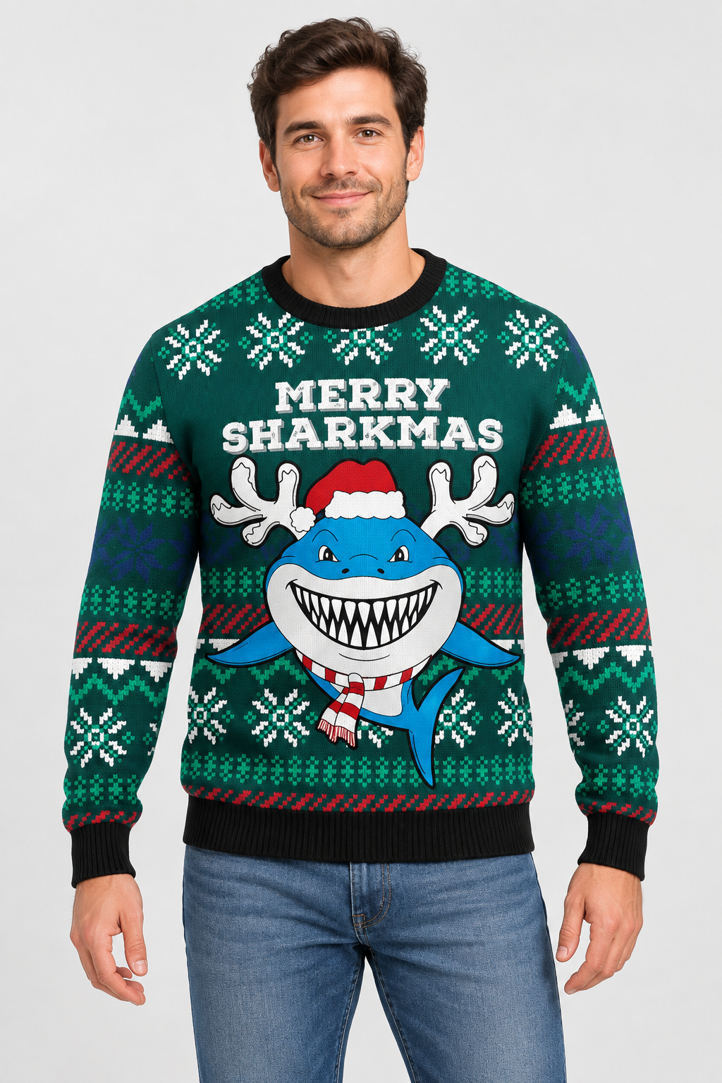 Male model wearing the Merry Sharkmas sweater