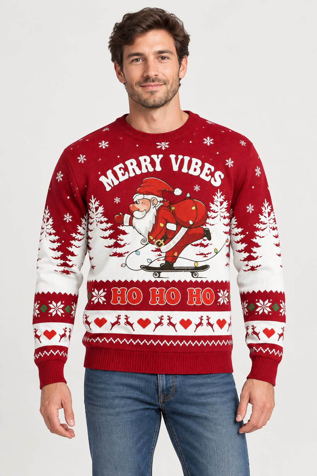Male model wearing the Merry Vibes Christmas sweater