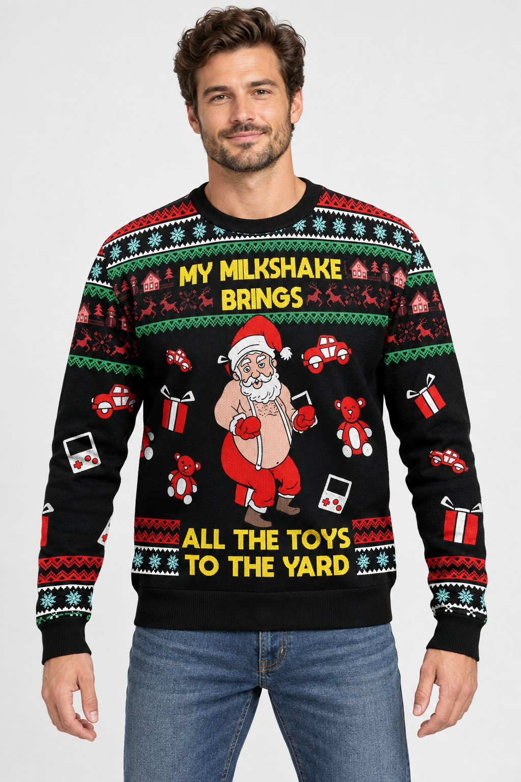 Male model wearing the My Milkshake Christmas sweater