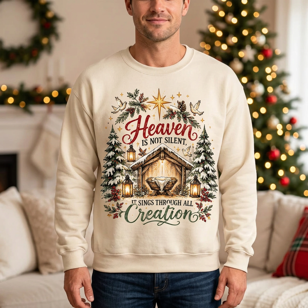 Male model wearing the nativity sweatshirt
