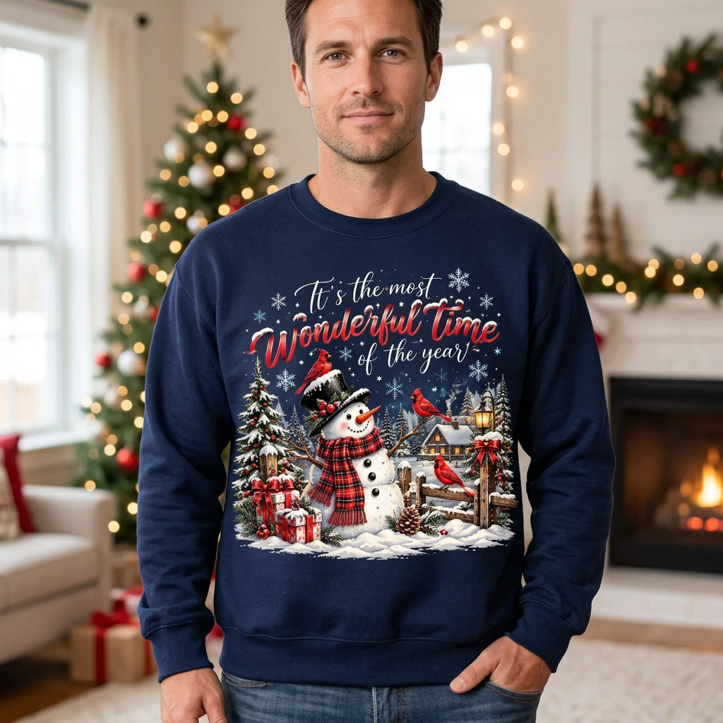 Male model wearing the navy Christmas snowman sweatshirt