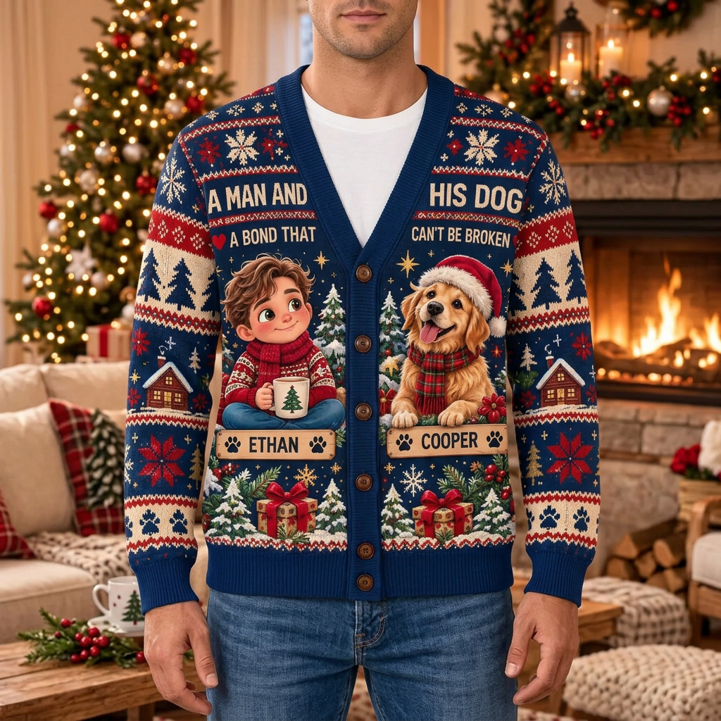 Male model wearing the navy dog-lover Christmas cardigan