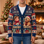 Male model wearing the navy dog-lover Christmas cardigan