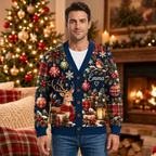 Male model wearing the navy Emma Christmas cardigan
