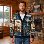 Male model wearing the navy lake-life and fishing cardigan