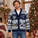 Male model wearing the navy reindeer Christmas cardigan