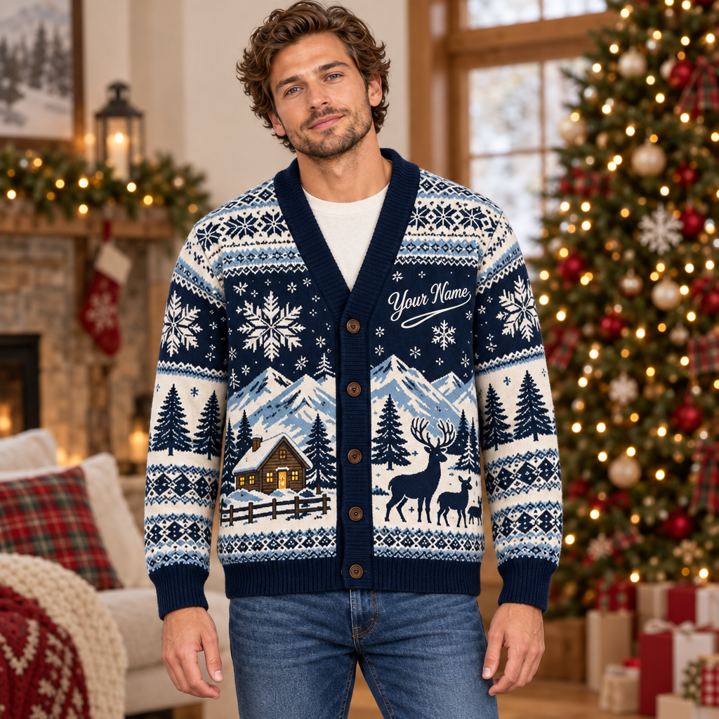 Male model wearing the navy reindeer Christmas cardigan