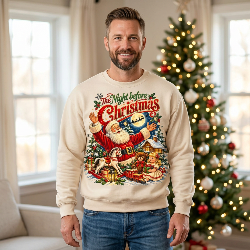 Male model wearing The Night Before Christmas sweatshirt