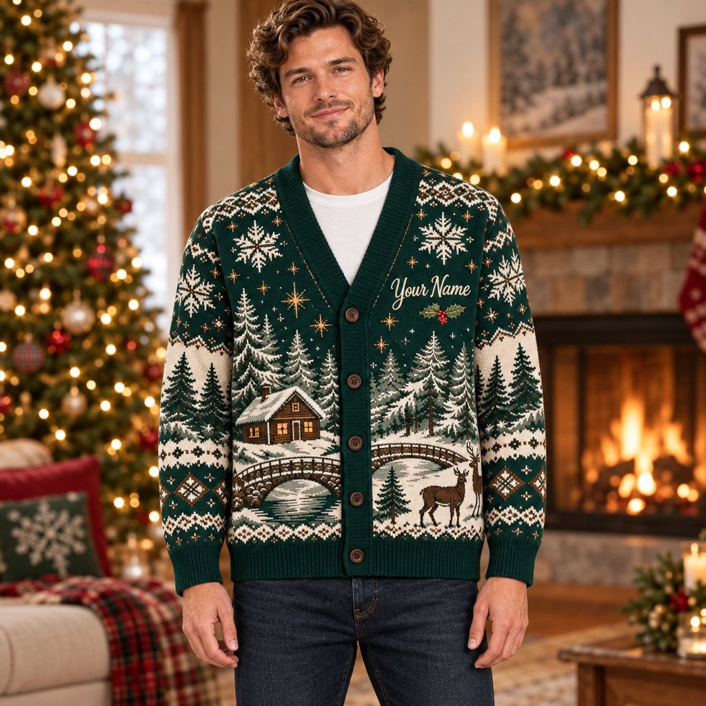 Male model wearing the Nordic holiday cardigan