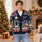 Male model wearing the Nordic snowflake Christmas cardigan