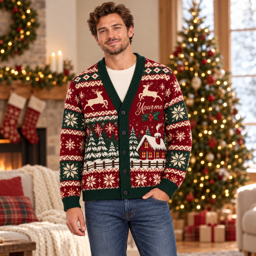 Male model wearing the North Pole Christmas cardigan