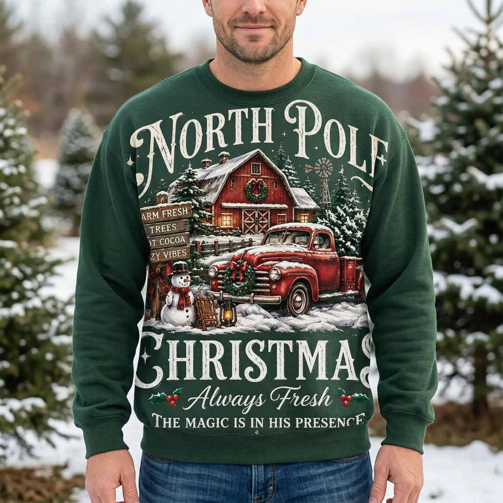 Male model wearing the North Pole Christmas sweatshirt