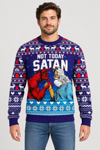 Male model wearing the Not Today Satan sweater