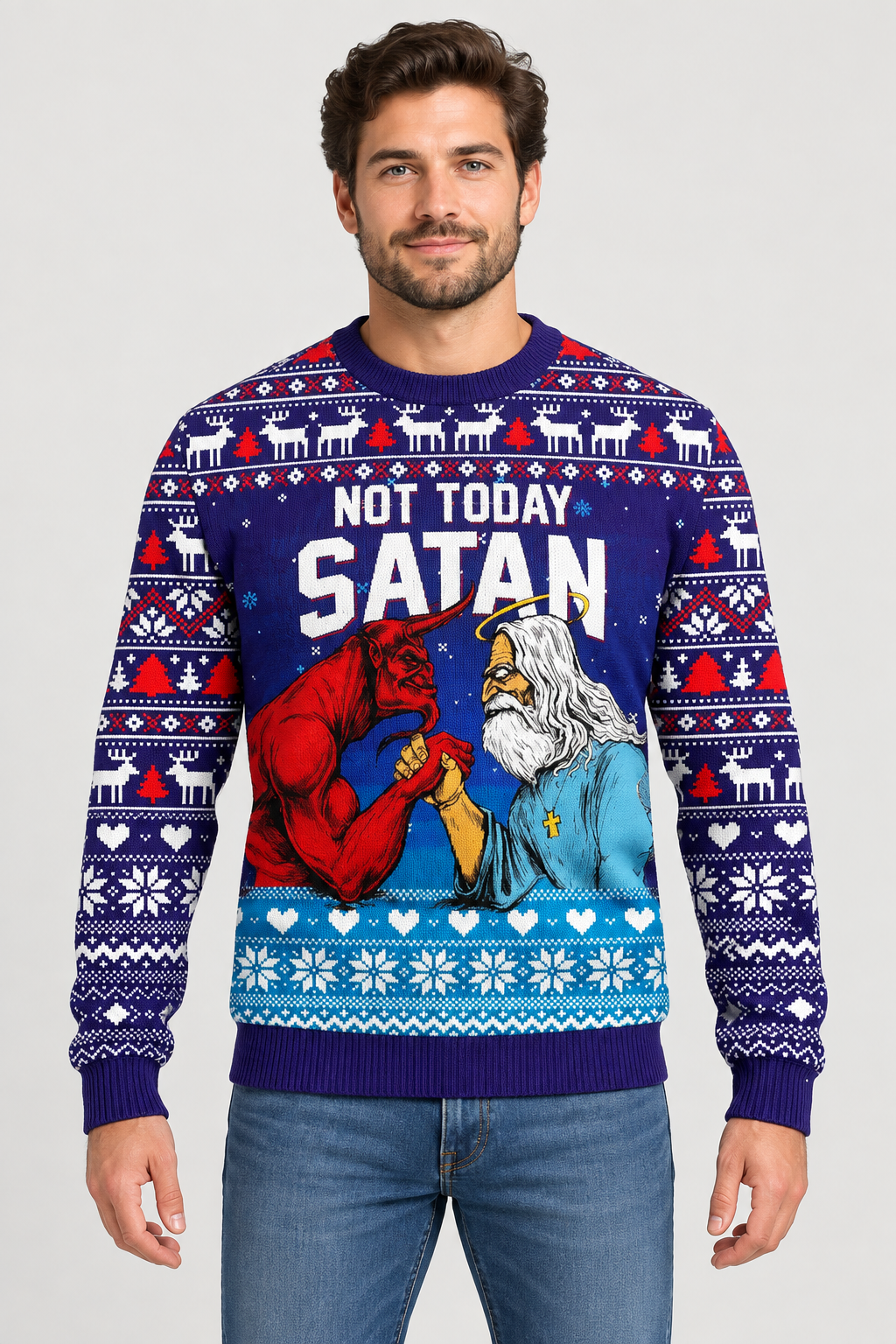 Male model wearing the Not Today Satan sweater