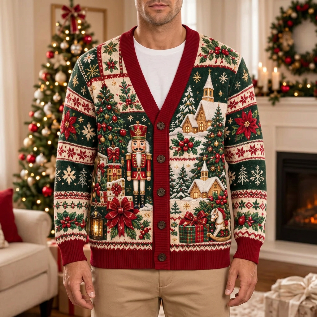 Male model wearing the nutcracker and rocking horse Christmas cardigan